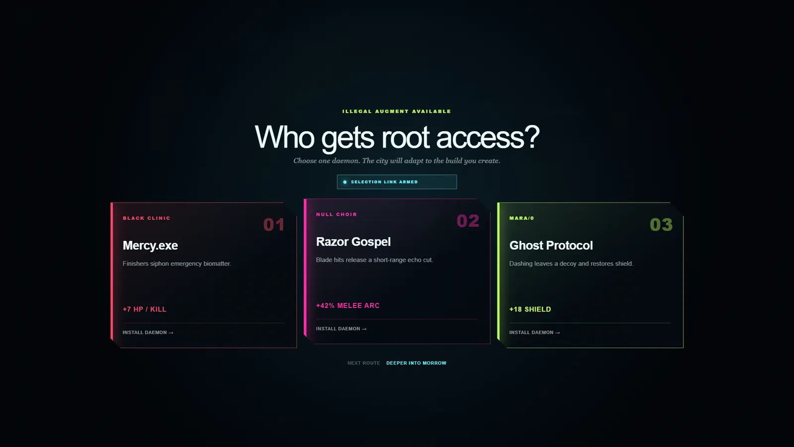 An upgrade screen headed Who gets root access? offering three cards: Mercy.exe from Black Clinic, Razor Gospel from Null Choir and Ghost Protocol from MARA/0