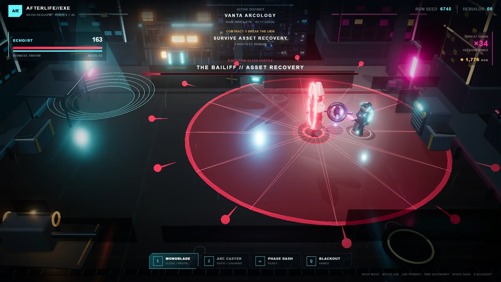 The Bailiff, a tall red-glowing machine, standing in a wide red warning disc as bullets fan out across the street, a drone at its side and ECHO//07 fighting at close range under the boss bar THE BAILIFF // ASSET RECOVERY