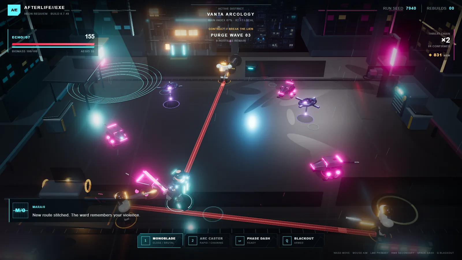 ECHO//07 swinging a monoblade in a wet neon street as two gunners paint red laser sights across the floor, with hounds and hovering drones closing in and the HUD reading PURGE WAVE 03