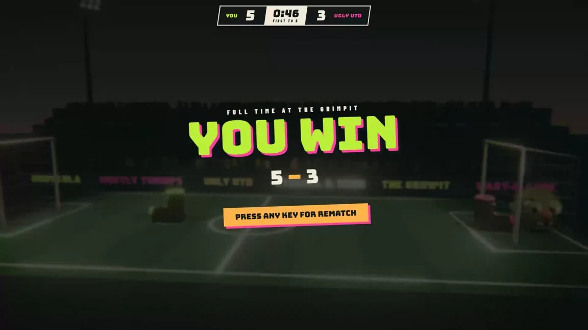 The full time screen reading YOU WIN, 5 to 3, with a rematch prompt
