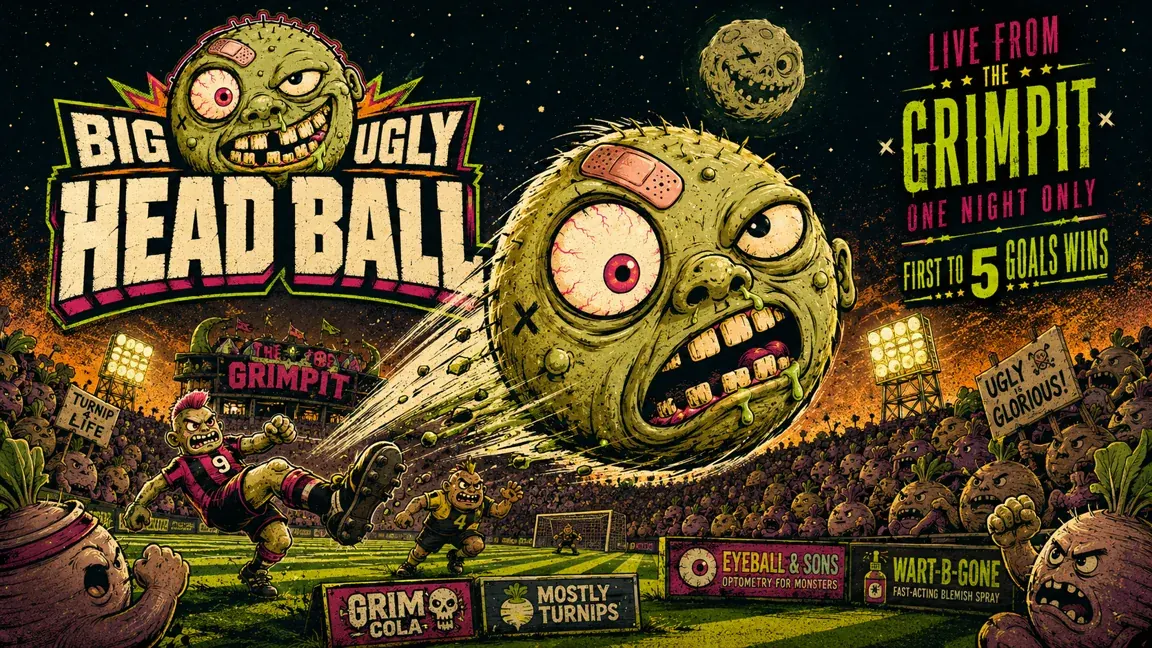 Illustrated key art of the grotesque head flying past players in a stadium packed with turnip spectators
