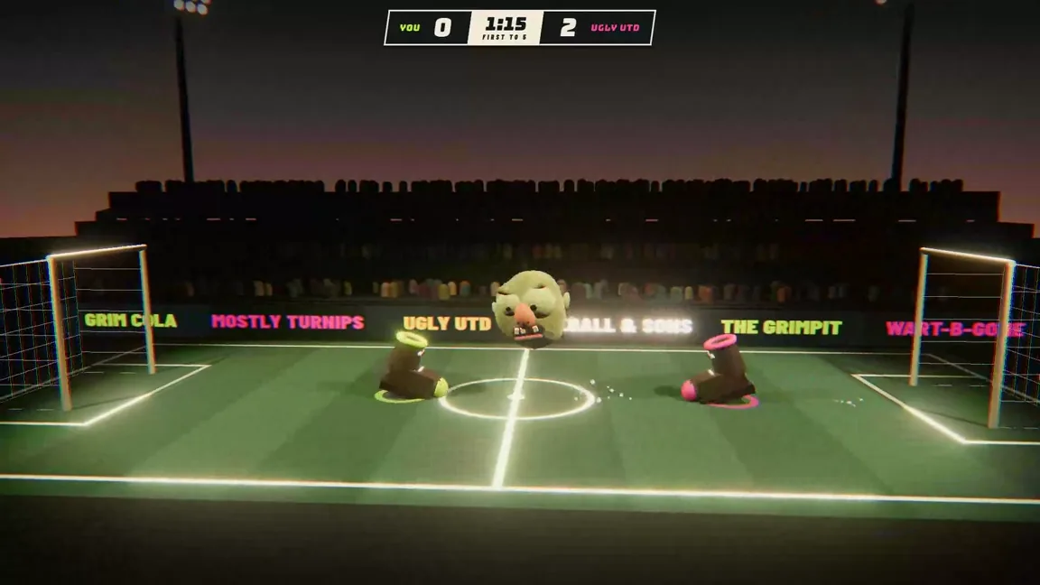 Two boots facing off on a neon pitch with the green head hanging in the air between them