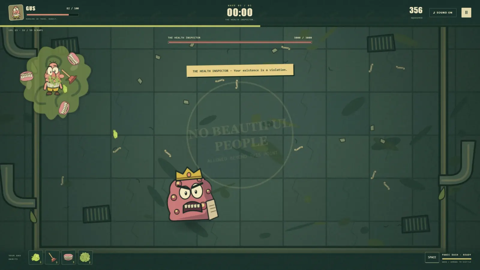 A giant pink pimple wearing a gold crown and holding a clipboard, under a health bar reading THE HEALTH INSPECTOR