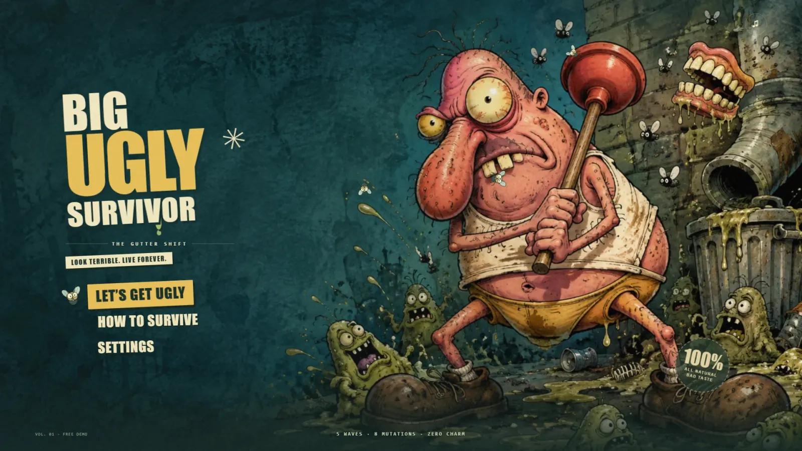 Title art: a pear-shaped pink man with bulging mismatched eyes, a stained vest and yellow underpants holds a plunger in a grimy alley full of boogers and flies