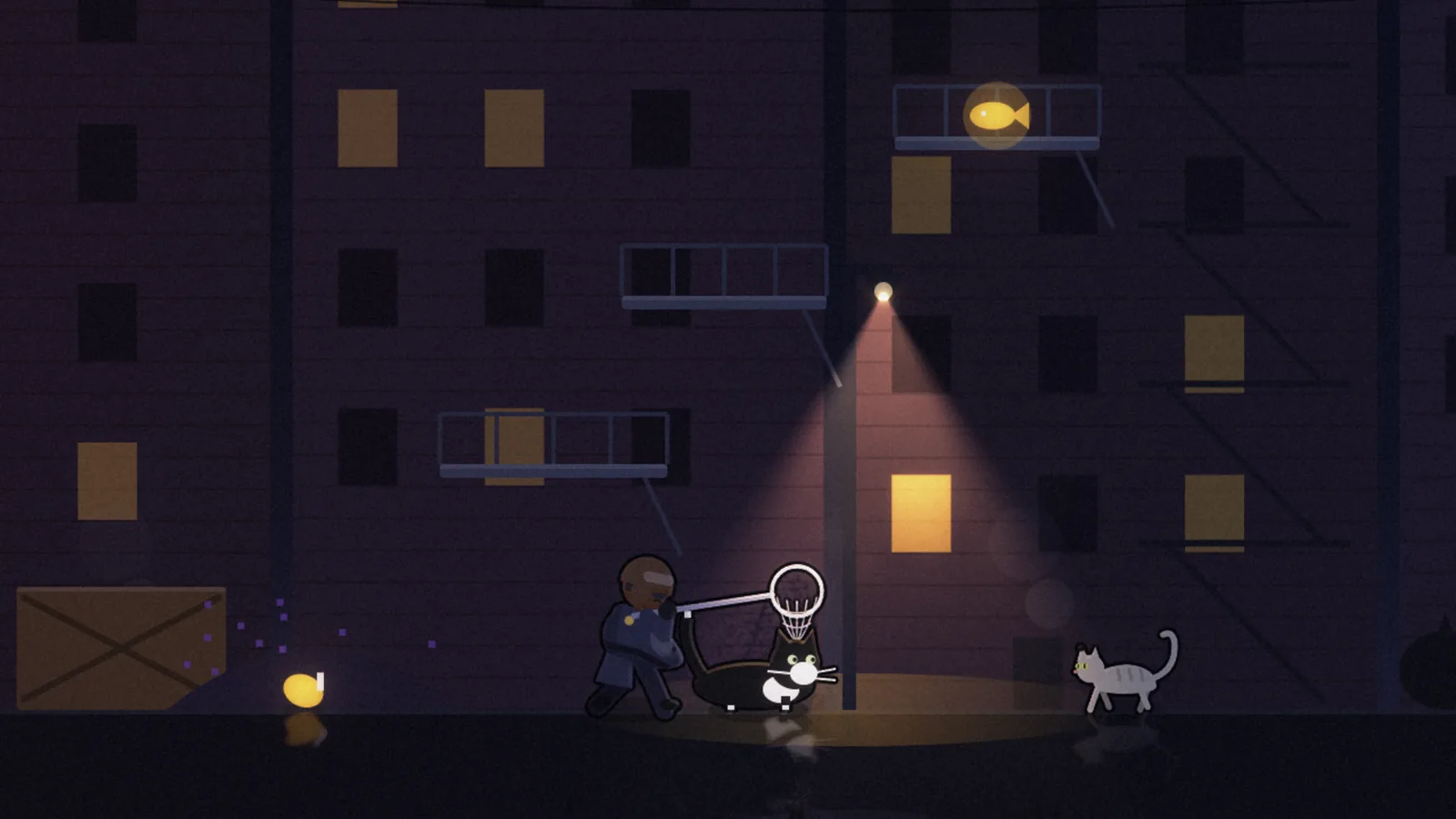 A heavyset animal control officer swinging a hoop net at the cat under an alley streetlight while a stray watches