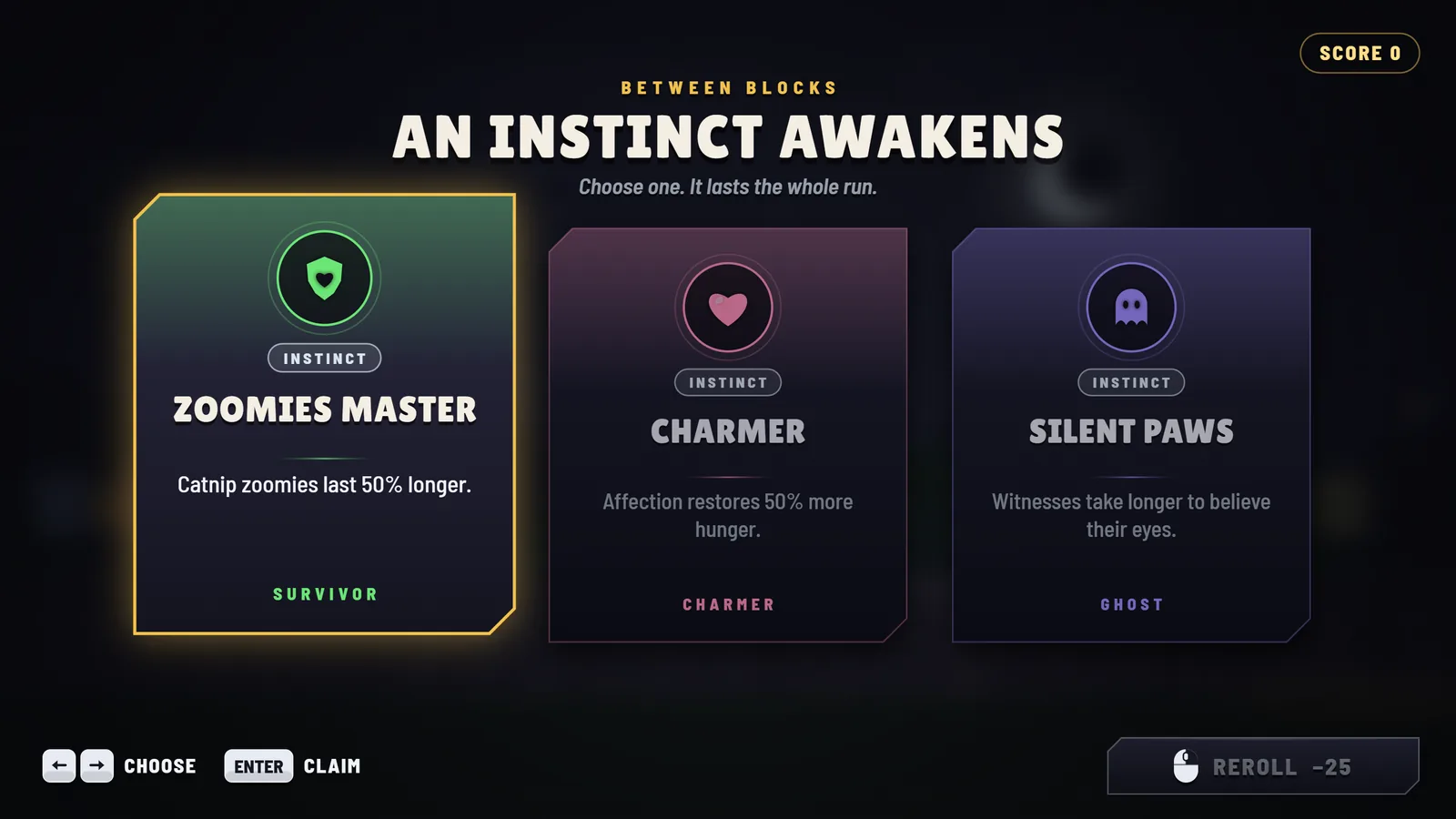 Three perk cards, Zoomies Master, Charmer and Silent Paws, under the heading An Instinct Awakens