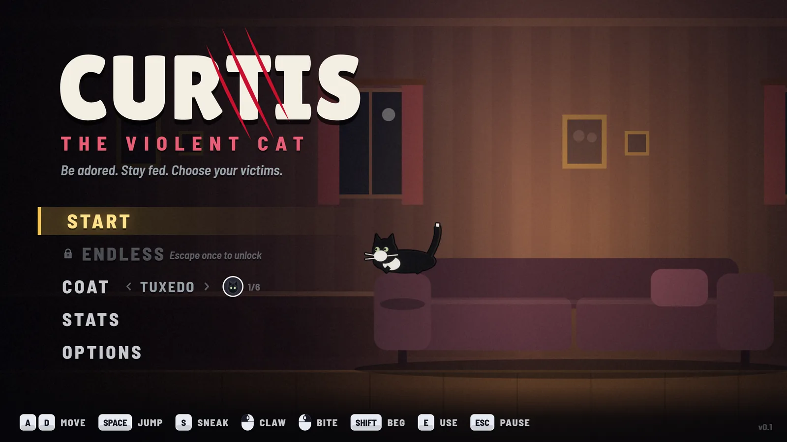 Title screen: the CURTIS logo slashed with red claw marks over a warm living room, a tuxedo cat lounging on the back of the sofa