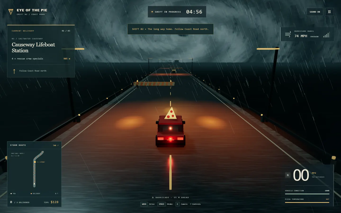 The pizza delivery car approaching a striped barricade and wrecks on a coastal highway