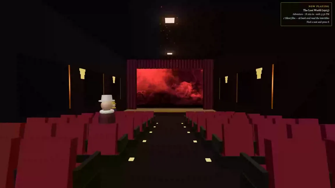 Rows of red seats facing a lit screen, with a projector beam catching dust overhead