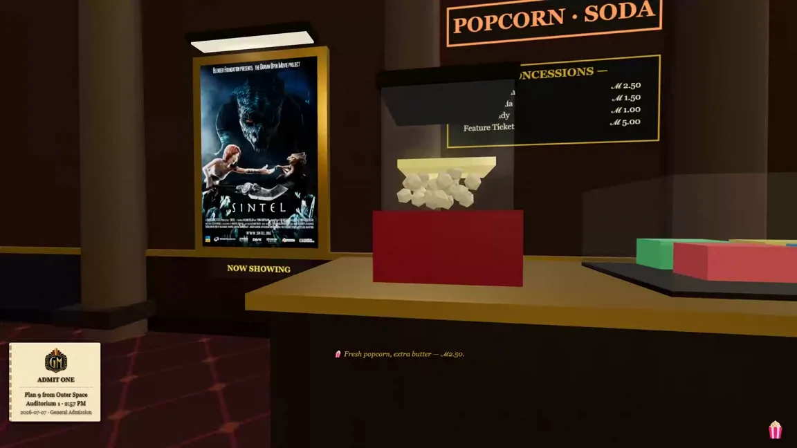 The concession stand with a popcorn machine, a price board and a ticket stub