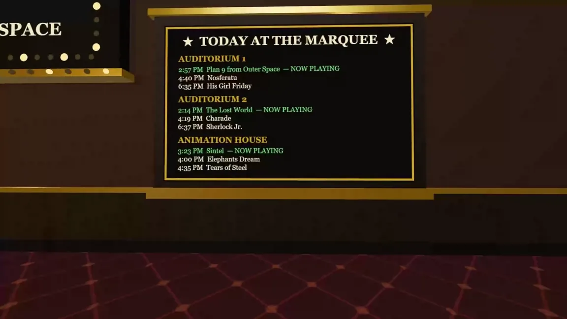 The Today at the Marquee board listing showtimes for three auditoriums