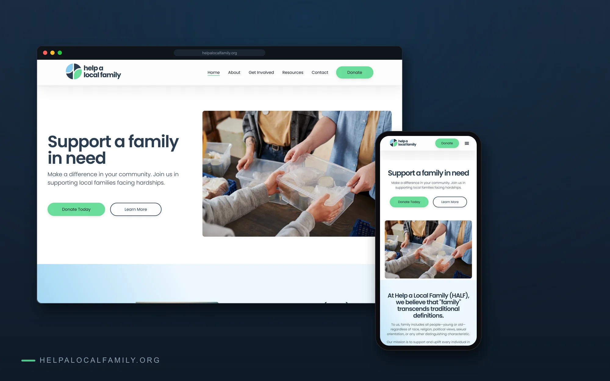Help a Local Family homepage on desktop and mobile