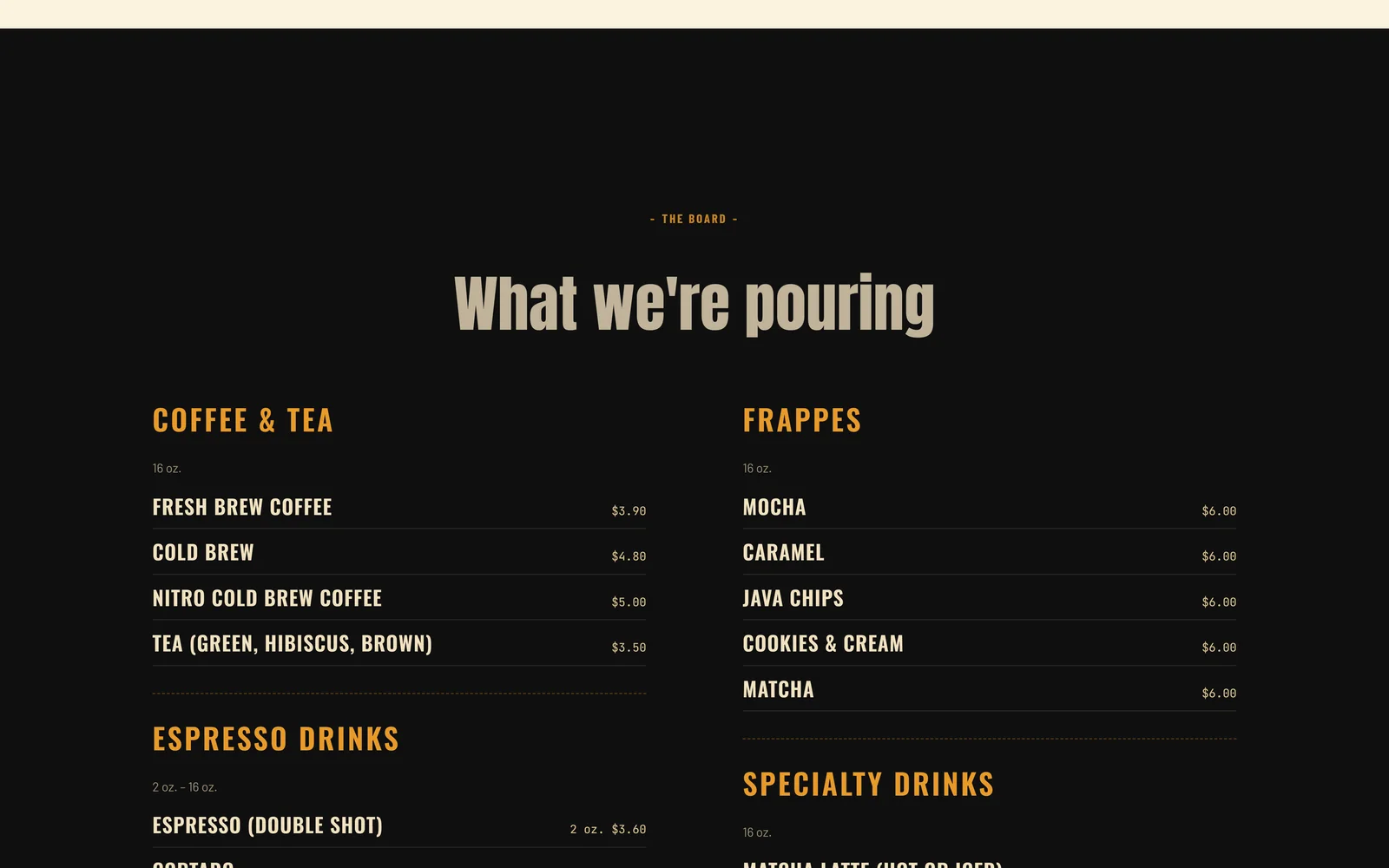 Joysey Cafe menu board: coffee, espresso, frappes and specialty drinks