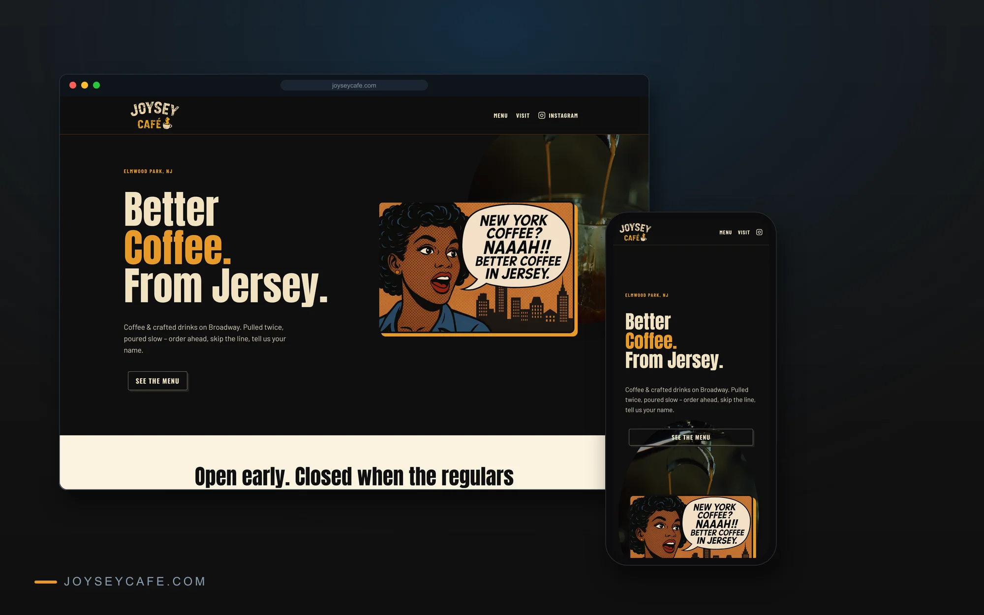 Joysey Cafe homepage hero on desktop and mobile