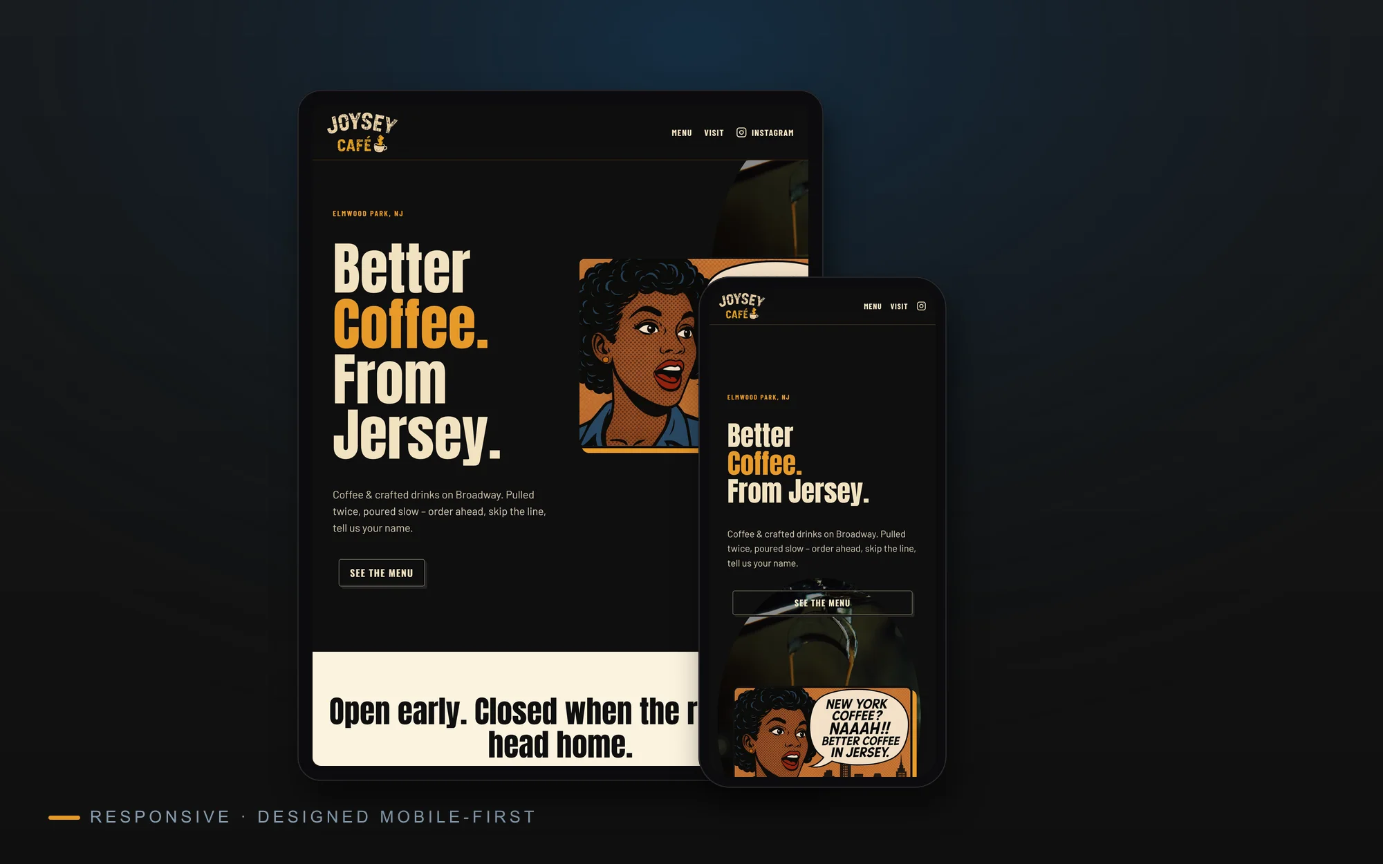 Joysey Cafe site on tablet and phone