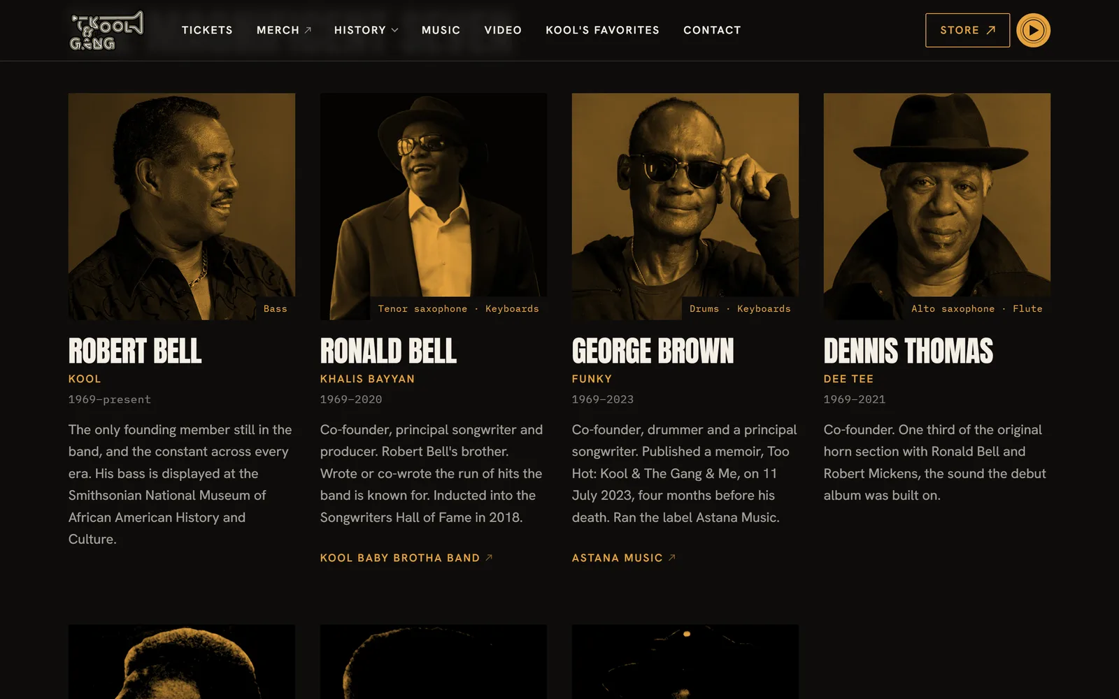 Band page with gold-toned portraits of Robert Bell, Ronald Bell, George Brown and Dennis Thomas