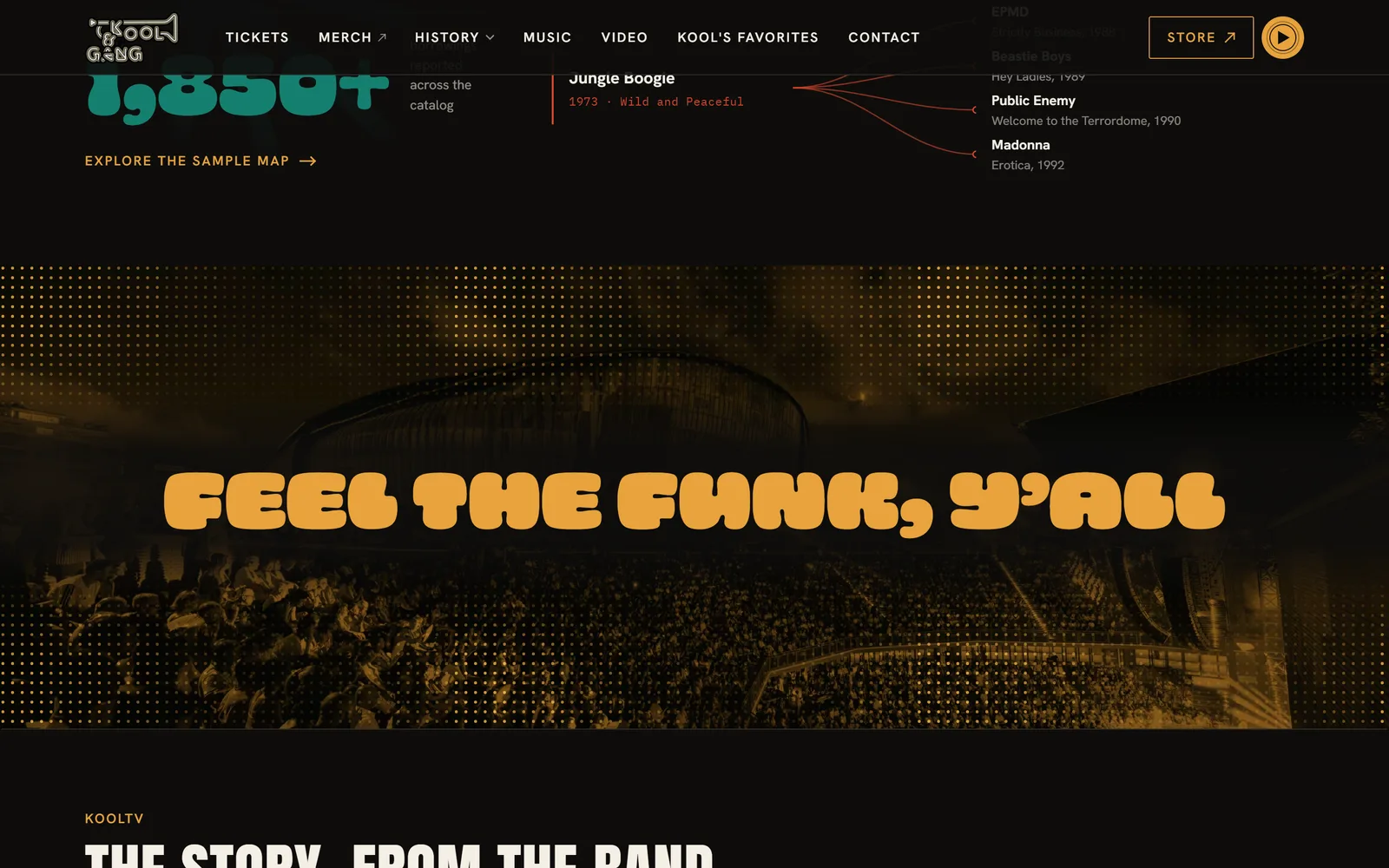 Gold lyric banner reading Feel the funk, y'all over a halftone concert photo
