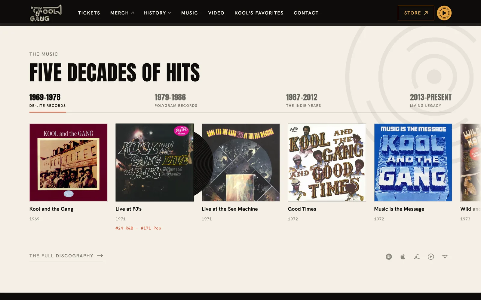 Five Decades of Hits section with album covers on a shelf and one record sliding out of its sleeve