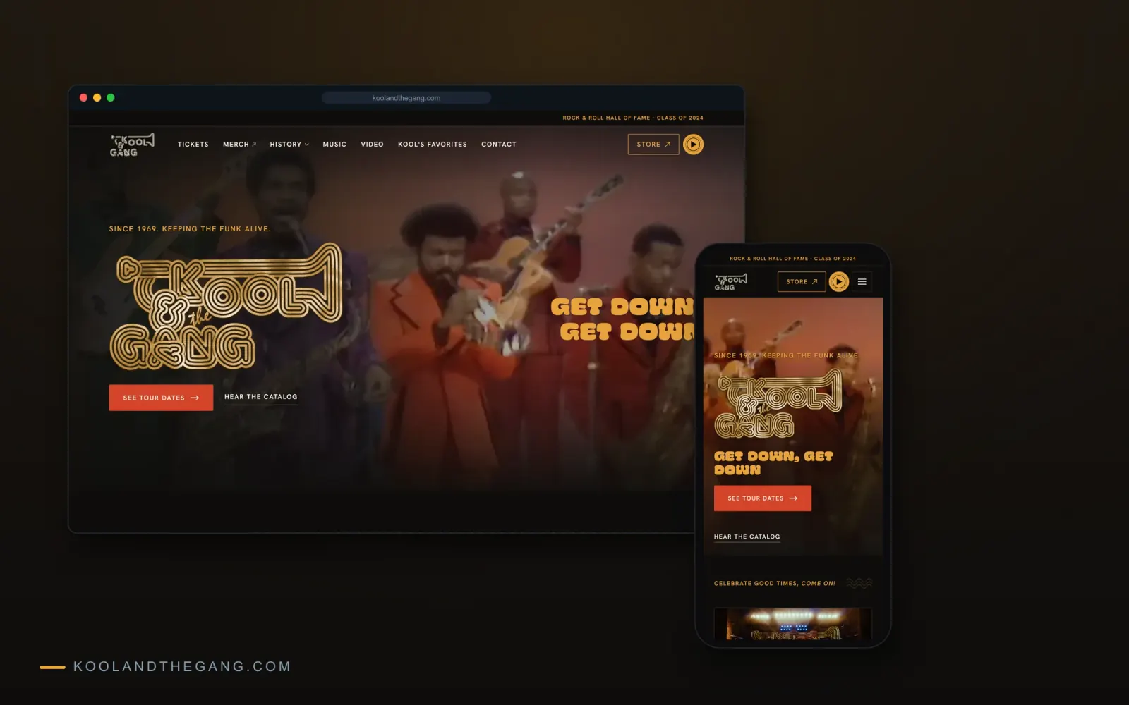 Kool & the Gang homepage hero on desktop and phone