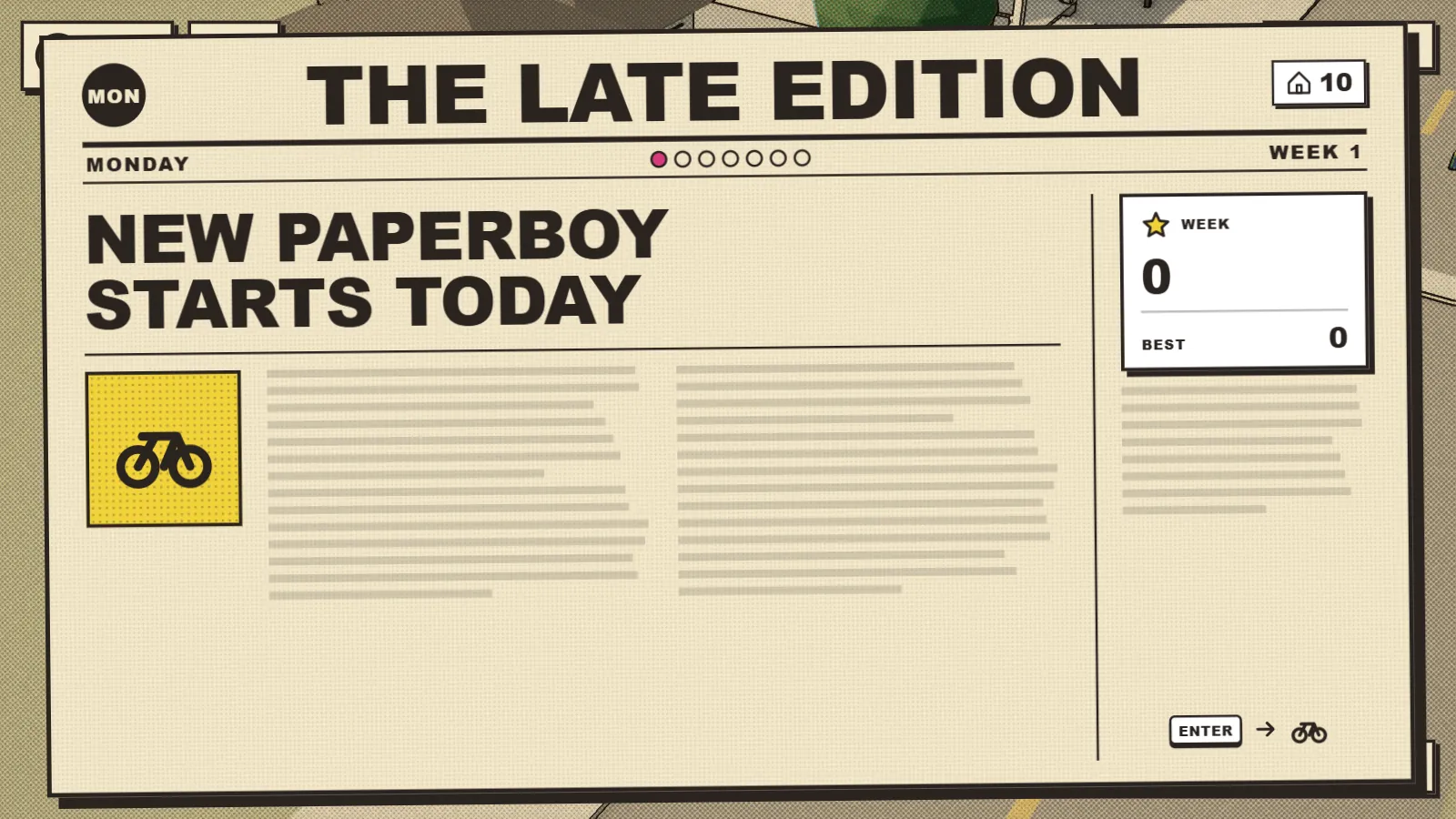 A full-screen newspaper front page: the masthead THE LATE EDITION, Monday with seven dots for the week, the headline NEW PAPERBOY STARTS TODAY, a yellow bicycle picture, gray columns of text and a score box reading 0