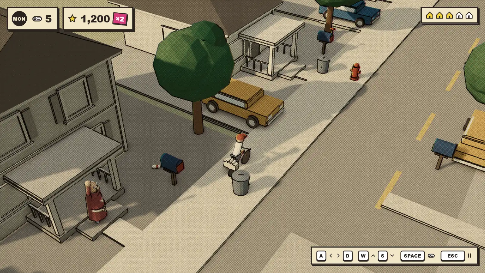 A grump in a red bathrobe on the porch of a gray, unprinted house as the paperboy rides by on the sidewalk