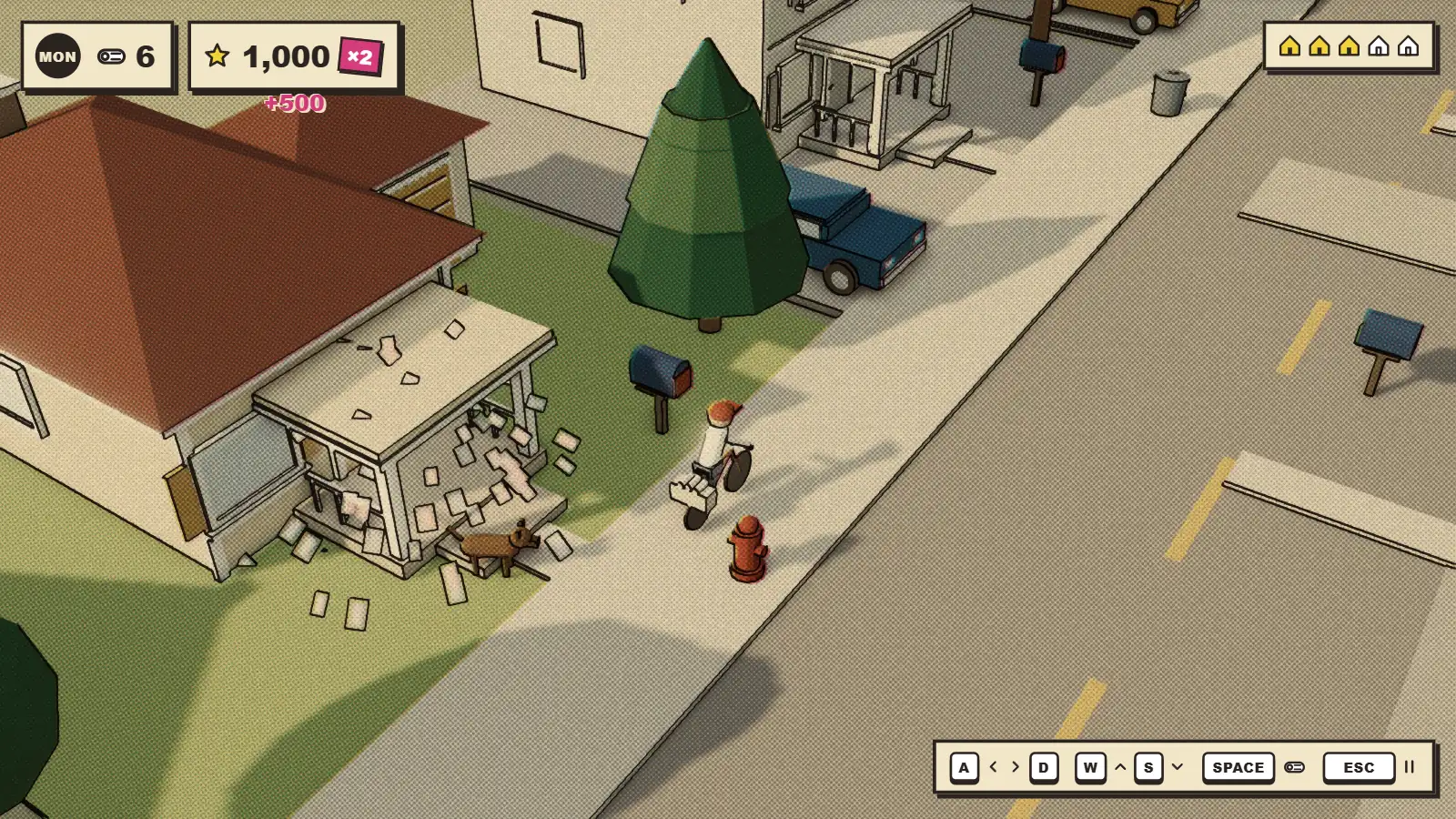 A house with a red roof and a green lawn just printed into color, paper confetti bursting off its porch and the family dog coming out as the paperboy rides past, +500 and a pink x2 sticker on the score