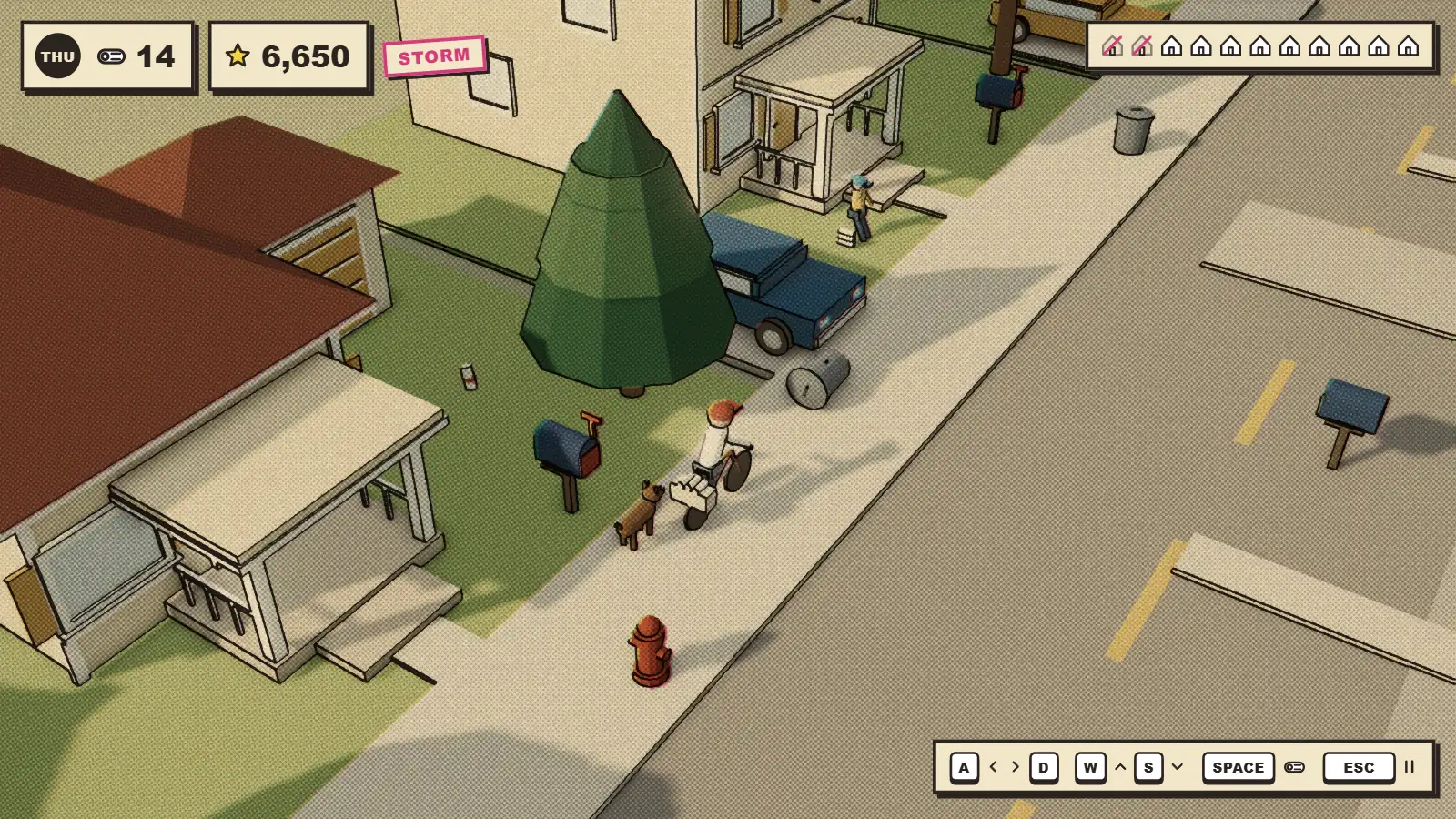 A garbage bin blown over and rolling across the sidewalk, a dog at the paperboy's back wheel and a kid with a stack of spare papers by a porch, a pink STORM sticker beside the score