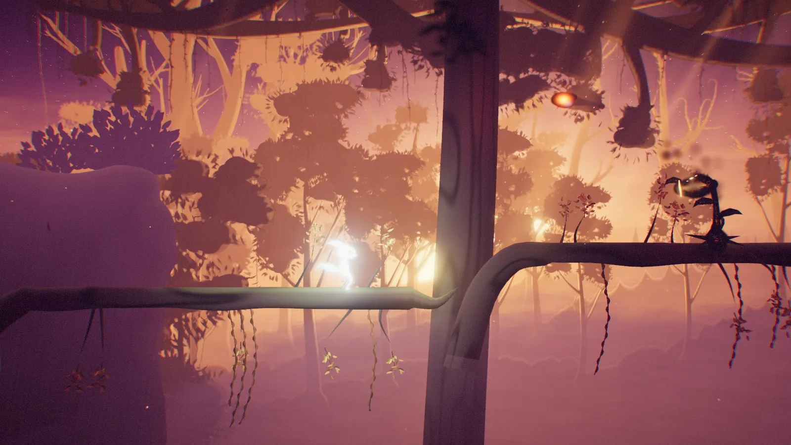 The spirit crossing a tree branch against a huge sunset, with a thorned plant creature waiting further along