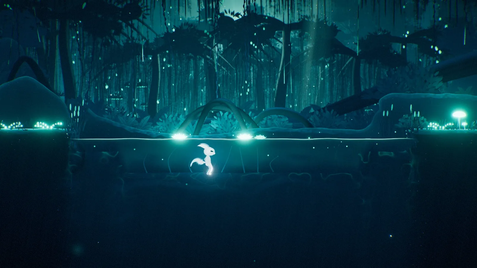 The spirit wading through a shallow glowing pool under drooping willow roots and bioluminescent fungus