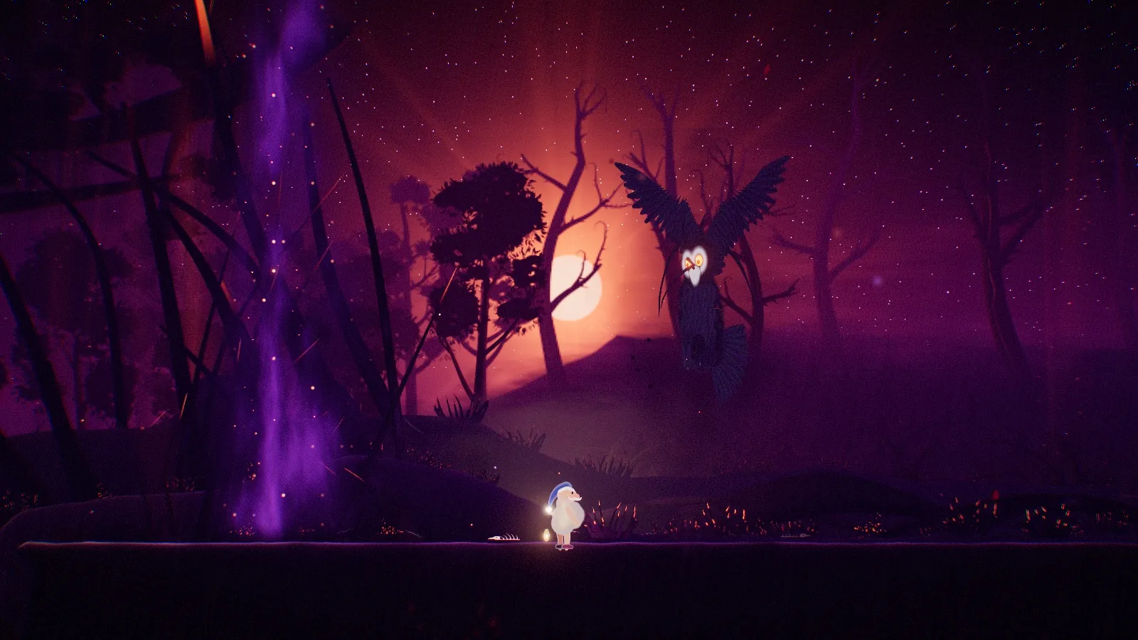 A giant black owl with a pale mask and ember eyes rising on spread wings over the little man in a violet, star-lit arena