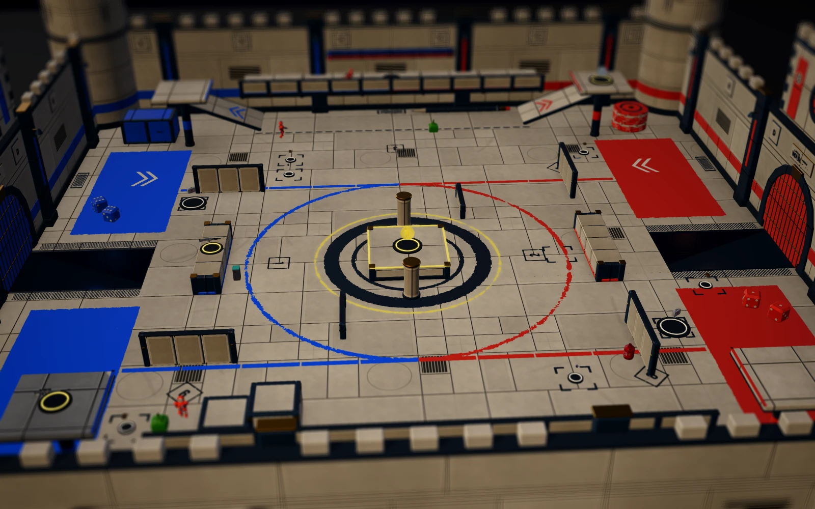 The Arena board seen from above through a tilt-shift lens: bone resin plates, blue and red painted territories, a gold-ringed dais in the centre, ramparts, towers and pairs of dice