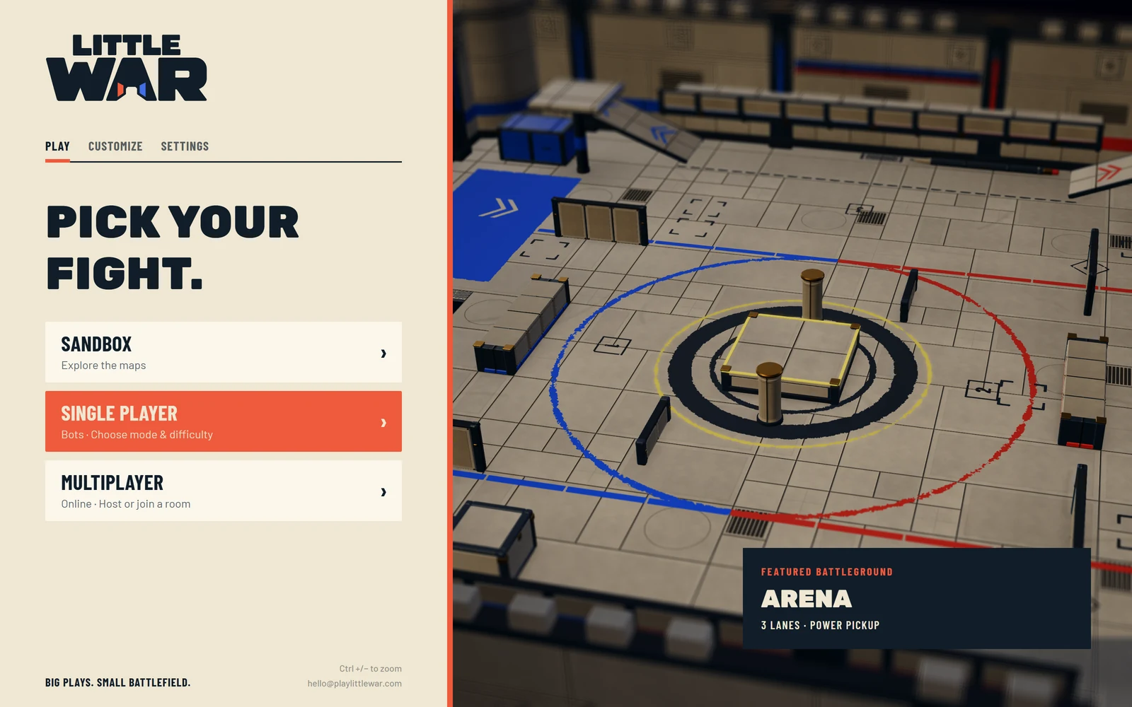 Little War main menu: a bone side panel reading Pick your fight, beside a live render of the Arena board