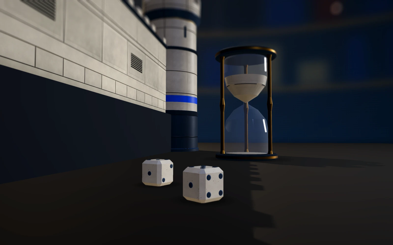 An hourglass and two dice on the hobby table beside the board's corner tower