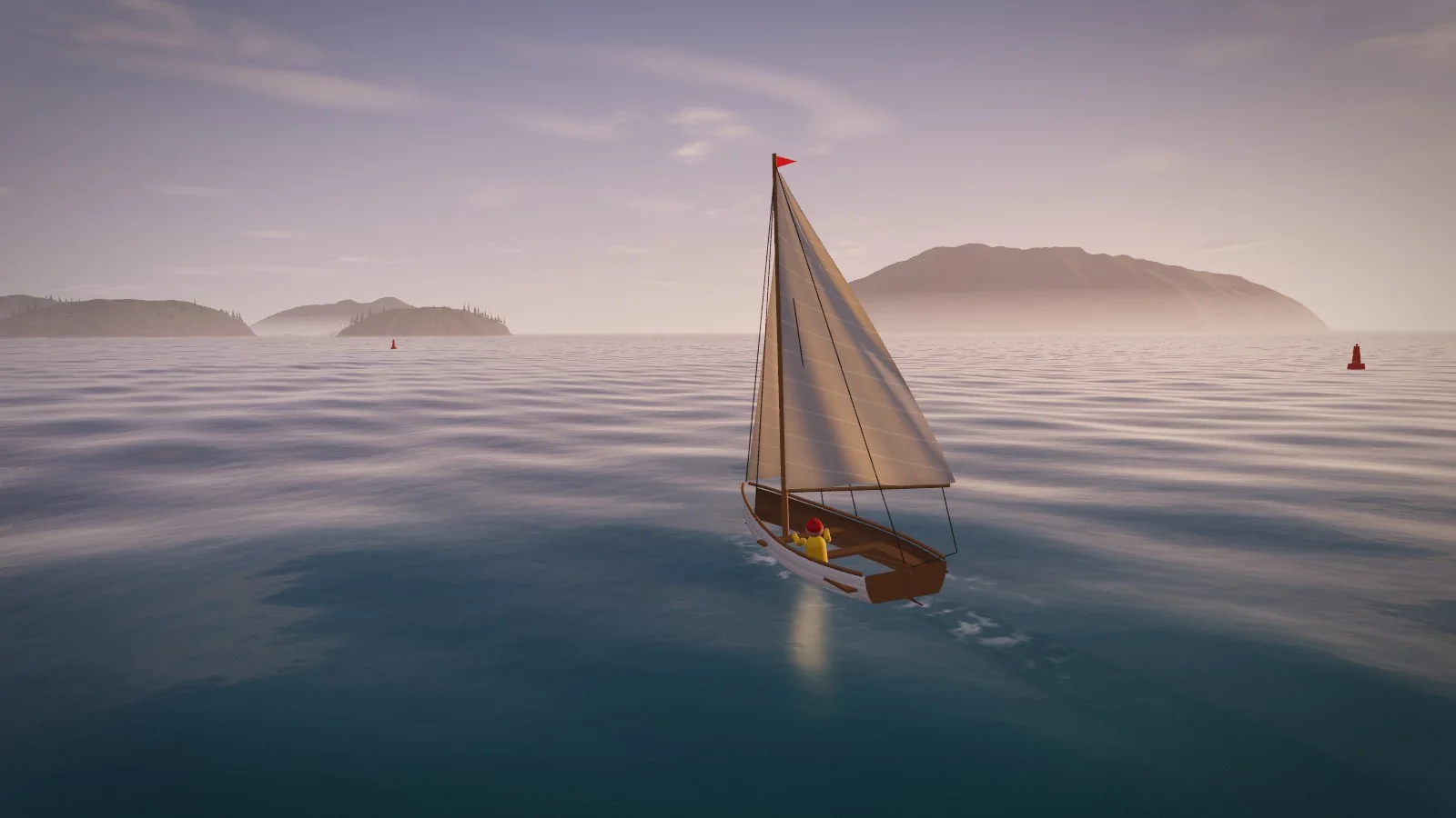 A small wooden sailboat leaving harbor on a calm, misty sea at dawn, islands fading into the haze