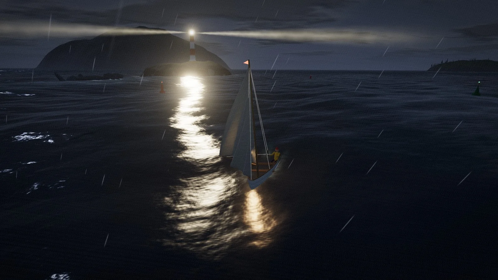 The boat at night in heavy rain, its lantern lit, a lighthouse on the island ahead sweeping its beam through the dark