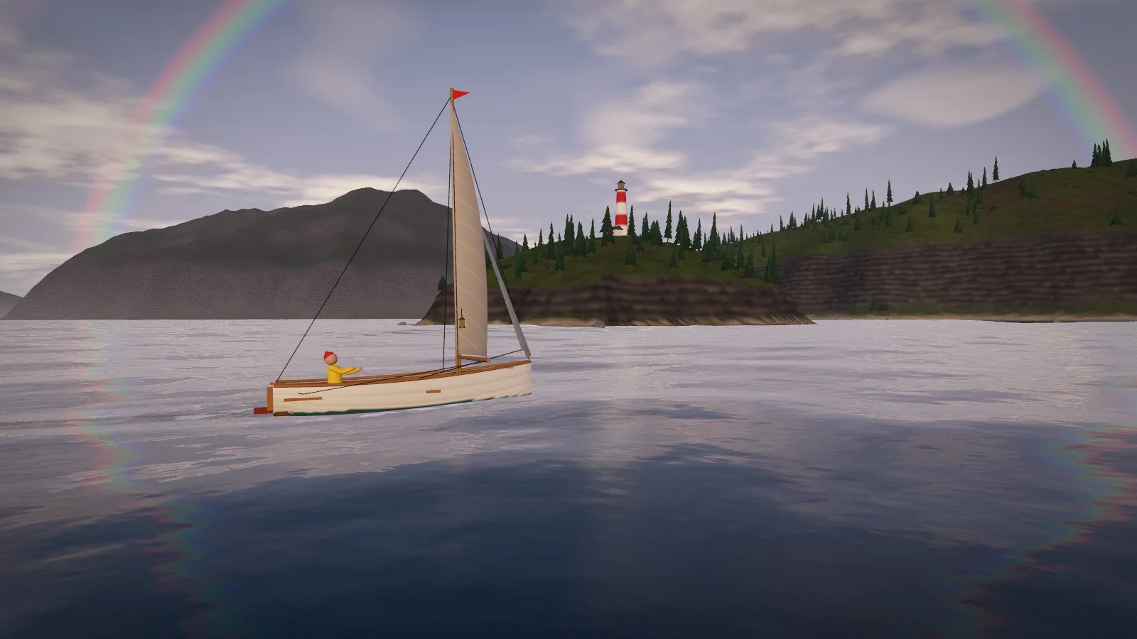The sailboat on a calm morning sea below a rainbow, a red and white lighthouse on the wooded isle behind