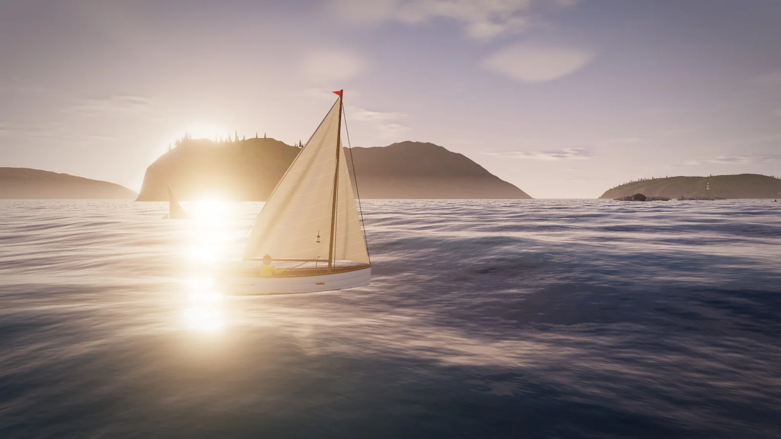 The sailboat backlit by a low sun setting behind a wooded island, a path of glitter on the water