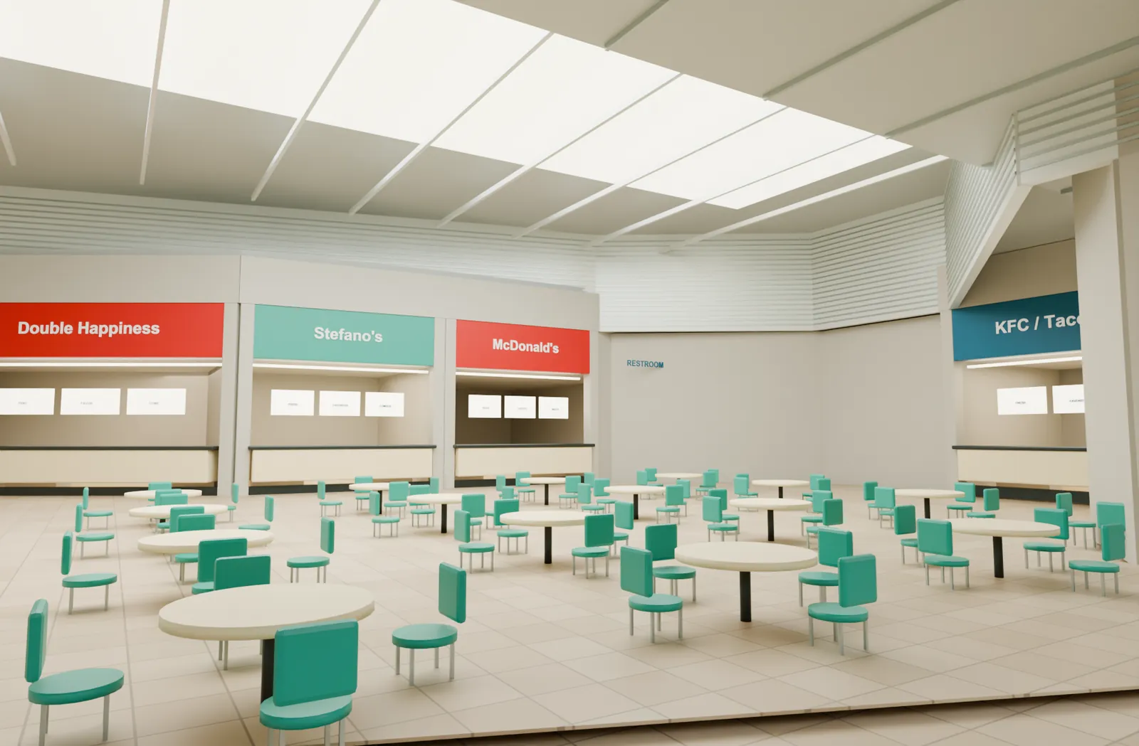 Inside The Eatery food court with teal seating and lit counter signs