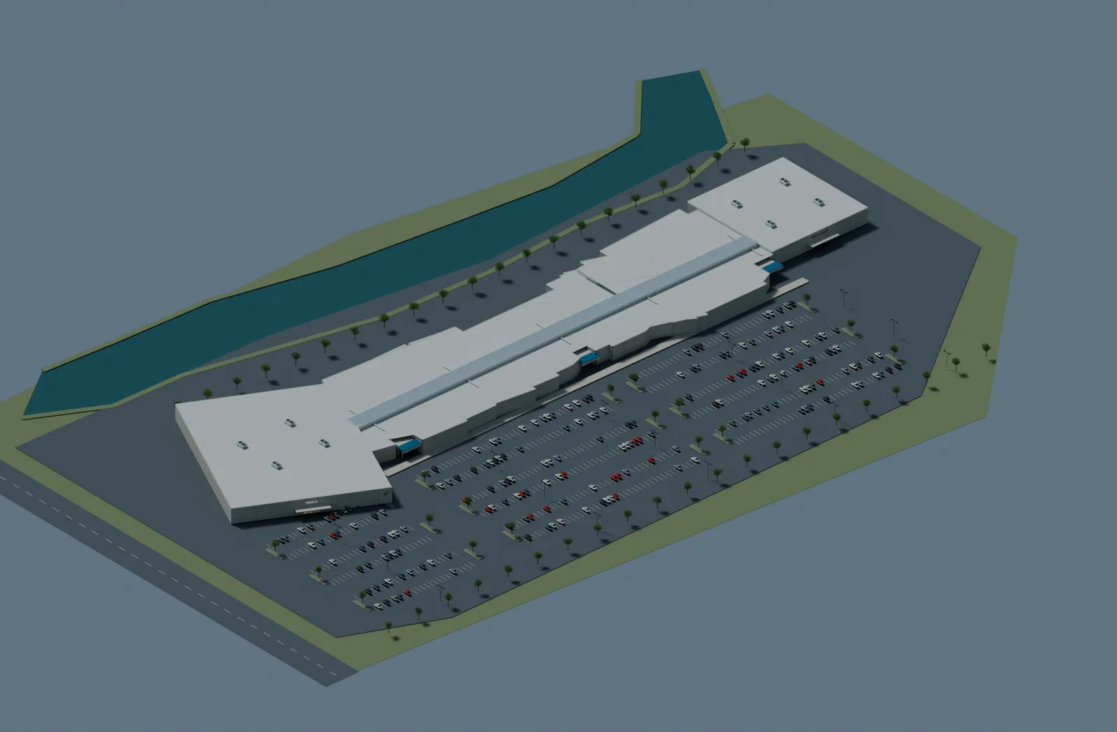 Aerial view of the mall, its parking lot and the creek behind it