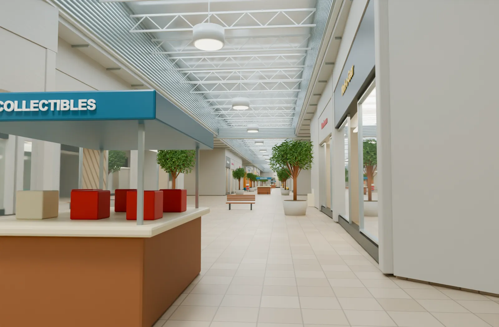 The shopping spine lined with storefronts and a collectibles kiosk