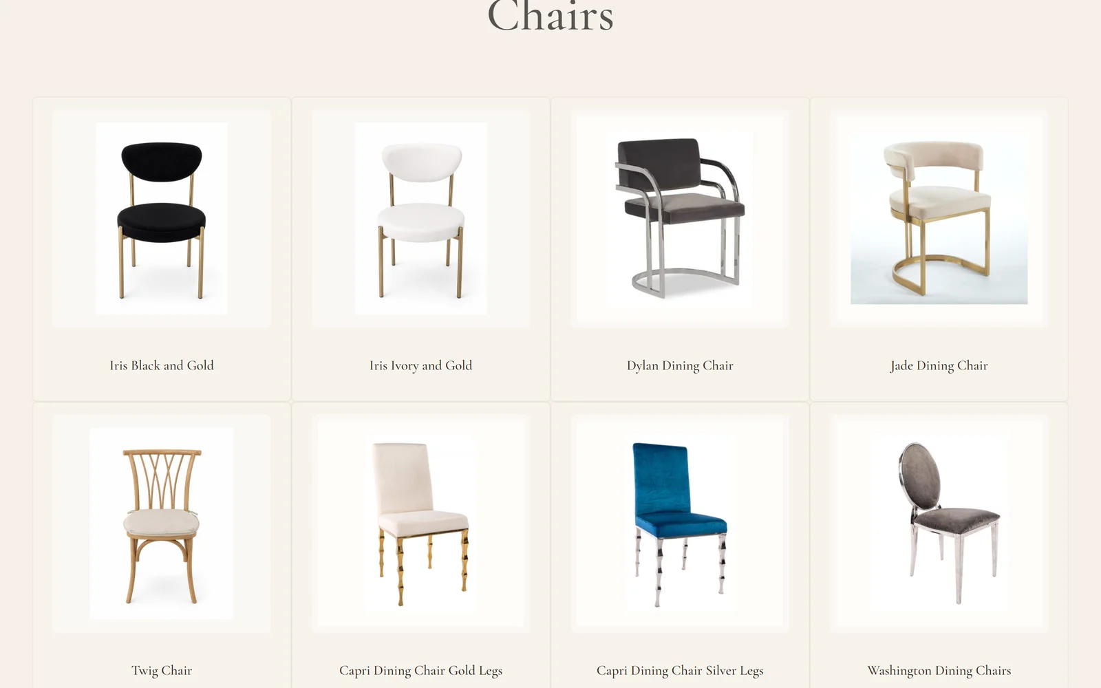 The Chairs category page showing a grid of rental chairs