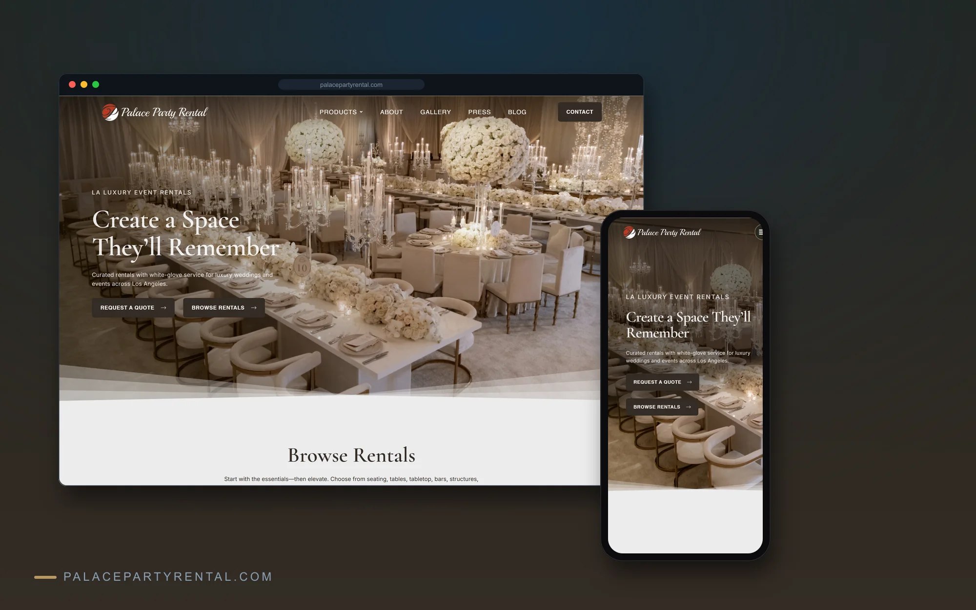 Palace Party Rental homepage on desktop and mobile