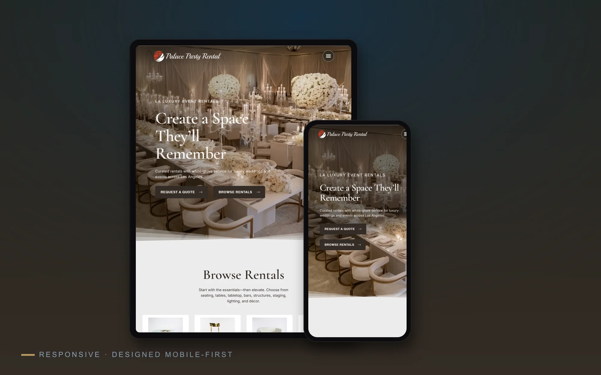 Palace Party Rental site on tablet and phone