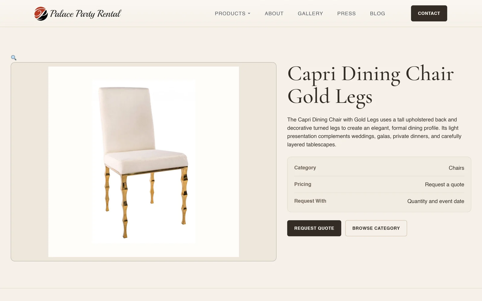 Product page for the Capri Dining Chair showing Request a quote instead of a price