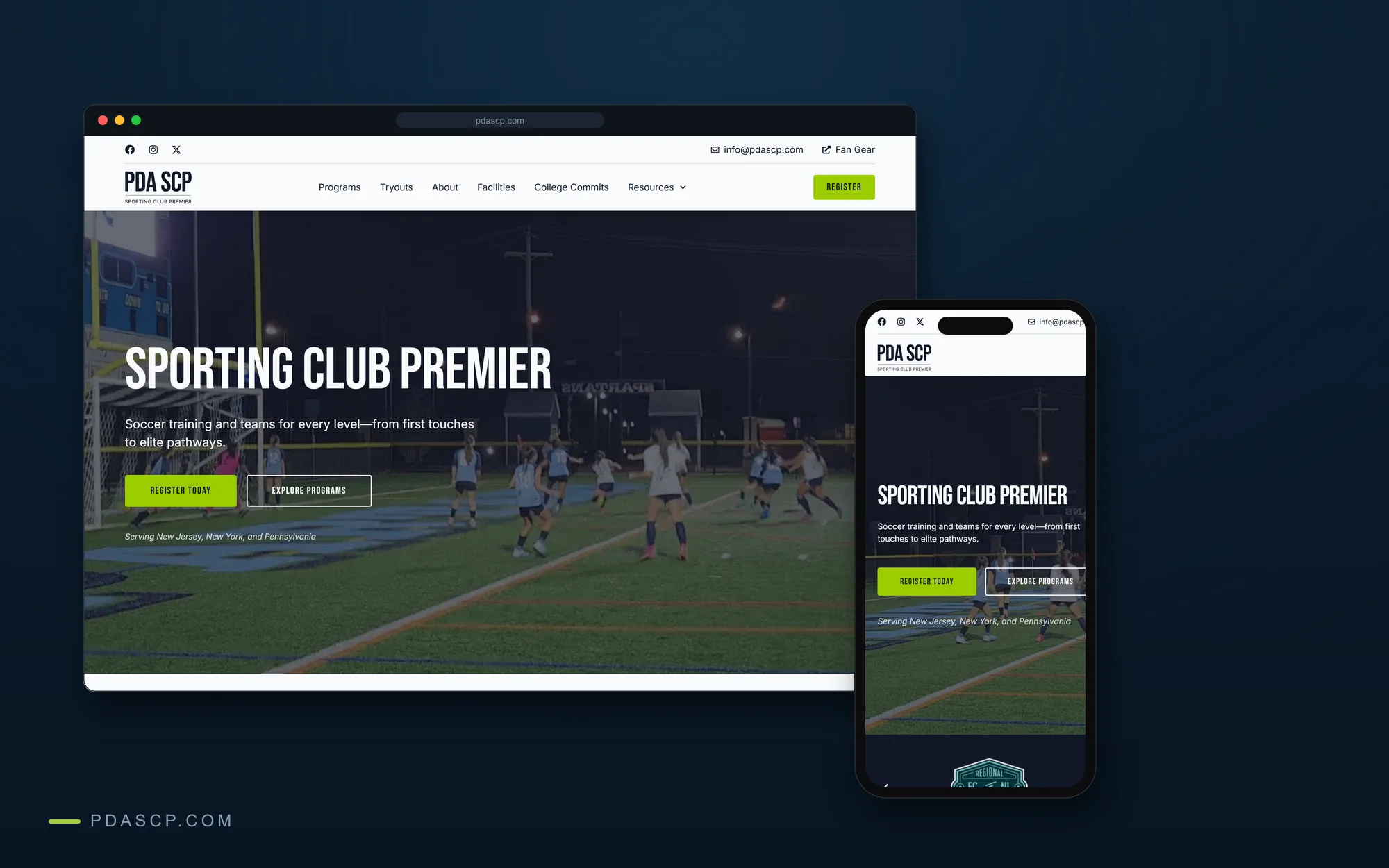 PDA Sporting Club homepage on desktop and mobile