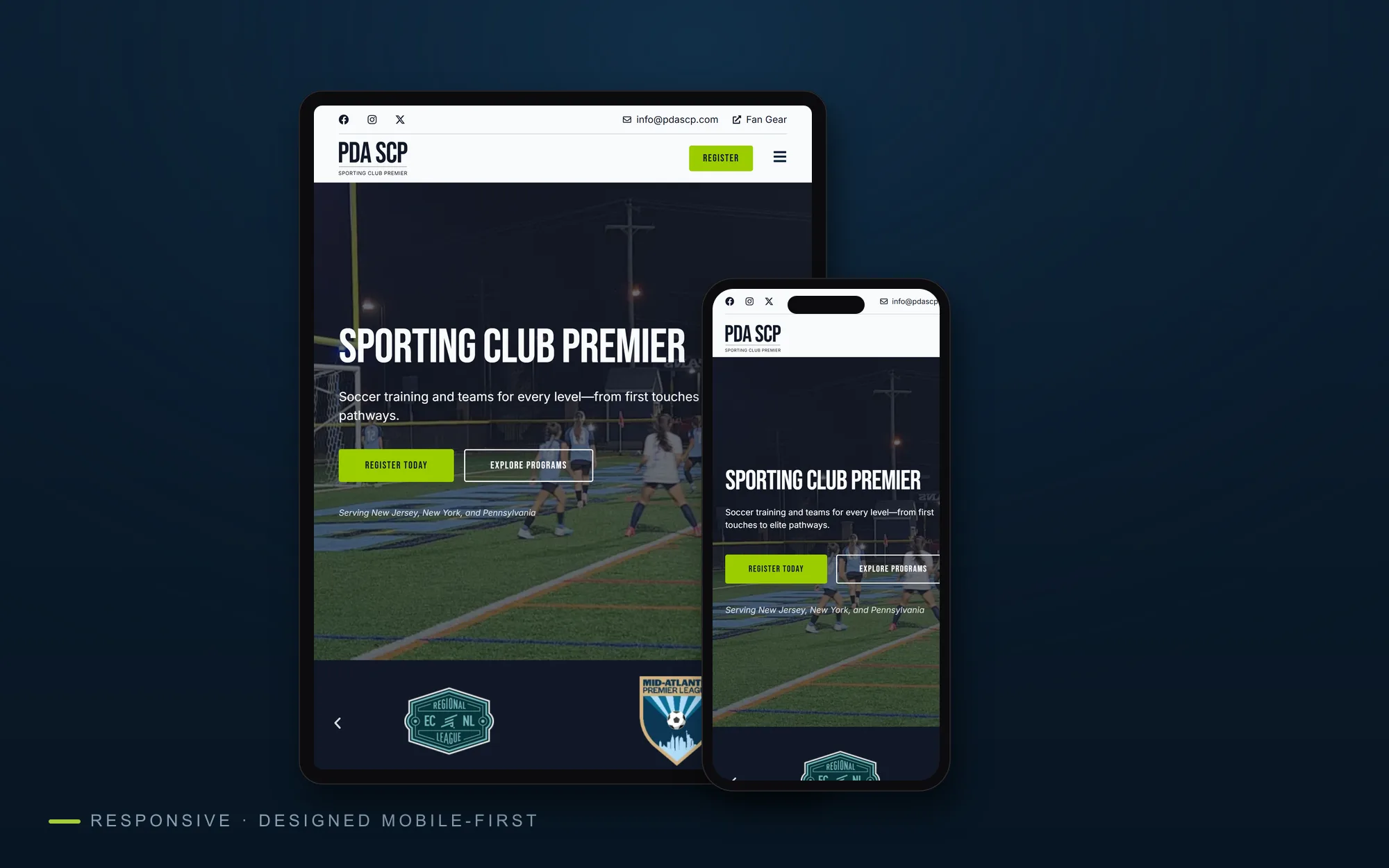 PDA Sporting Club site on tablet and phone