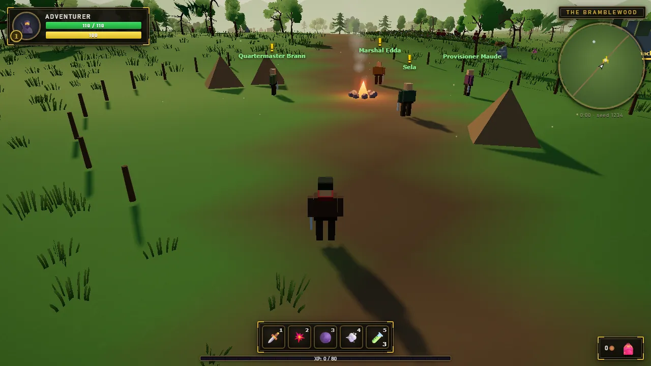 A campfire ringed by tents and questgivers at the hub