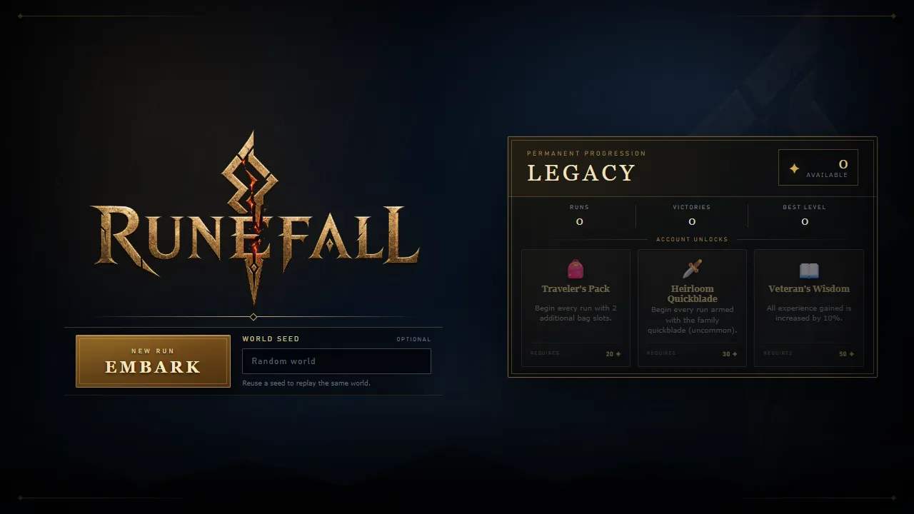 Runefall title screen with the Embark button and a Legacy progression panel