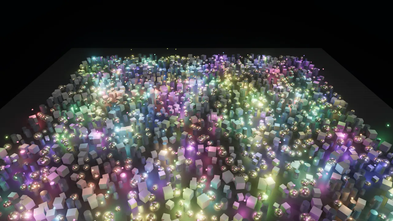 Hundreds of colored point lights over a field of instanced props