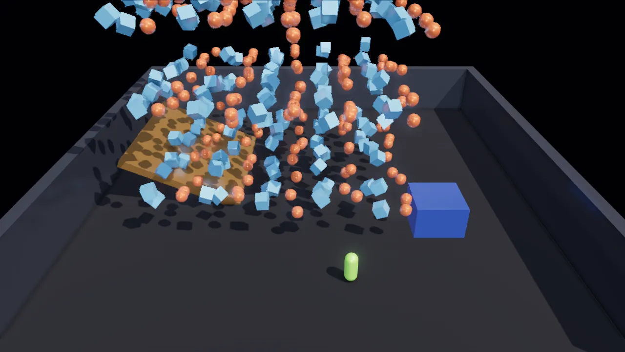 Three hundred rigid bodies tumbling down a ramp into a pile